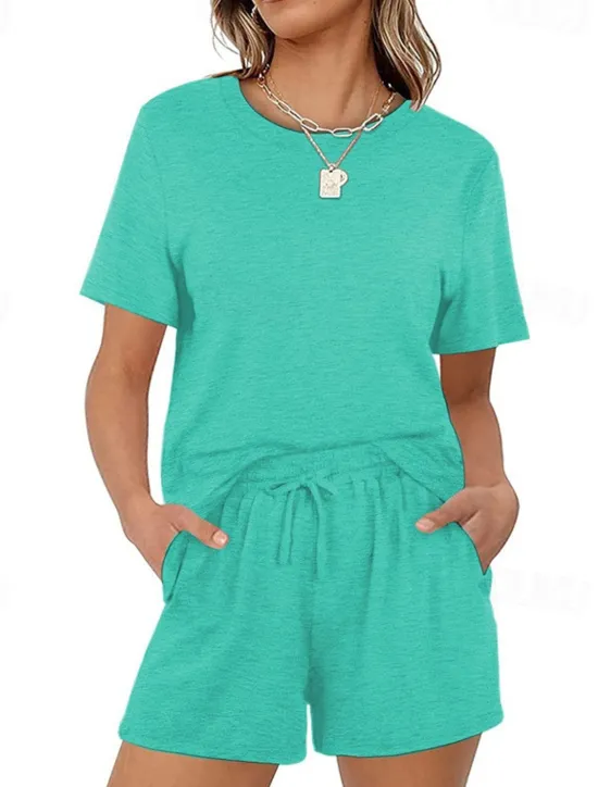 Outlet Women's Loungewear Nighty Sets 2 Pieces Pure Color Simple Comfort Home Street Cotton Crew Neck Short Sleeve T shirt Tee Shorts Summer Spring Home Outfits Women Pajama-Setter