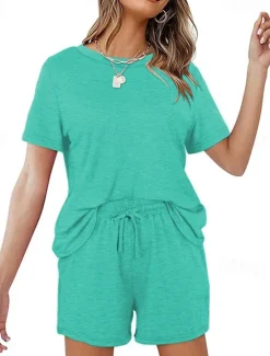 Outlet Women's Loungewear Nighty Sets 2 Pieces Pure Color Simple Comfort Home Street Cotton Crew Neck Short Sleeve T shirt Tee Shorts Summer Spring Home Outfits Women Pajama-Setter