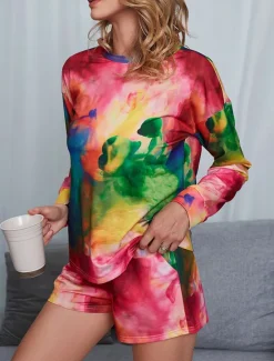 Sale Women's Loungewear Pajama Set 2 Pieces Tie Dye Casual Comfort Home Comfort Crew Neck Long Sleeve Pullover Shorts Spring Fall Home Outfits Women Pajama-Setter