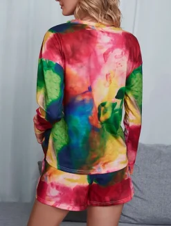 Sale Women's Loungewear Pajama Set 2 Pieces Tie Dye Casual Comfort Home Comfort Crew Neck Long Sleeve Pullover Shorts Spring Fall Home Outfits Women Pajama-Setter