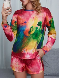 Sale Women's Loungewear Pajama Set 2 Pieces Tie Dye Casual Comfort Home Comfort Crew Neck Long Sleeve Pullover Shorts Spring Fall Home Outfits Women Pajama-Setter