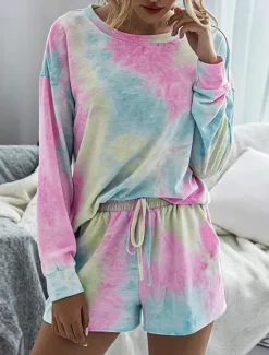 Discount Women's Loungewear Pajama Set 2 Pieces Tie Dye Casual Comfort Home Comfort Crew Neck Long Sleeve Pullover Shorts Spring Fall Home Outfits Women Pajama-Setter