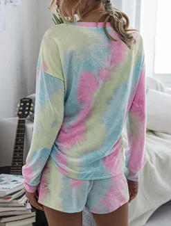 Discount Women's Loungewear Pajama Set 2 Pieces Tie Dye Casual Comfort Home Comfort Crew Neck Long Sleeve Pullover Shorts Spring Fall Home Outfits Women Pajama-Setter