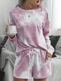 Online Women's Loungewear Pajama Set 2 Pieces Tie Dye Casual Comfort Home Crew Neck Pink Blue Home Outfits Women Pajama-Setter