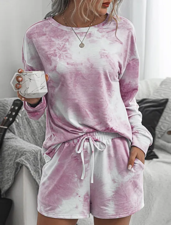 Online Women's Loungewear Pajama Set 2 Pieces Tie Dye Casual Comfort Home Crew Neck Pink Blue Home Outfits Women Pajama-Setter
