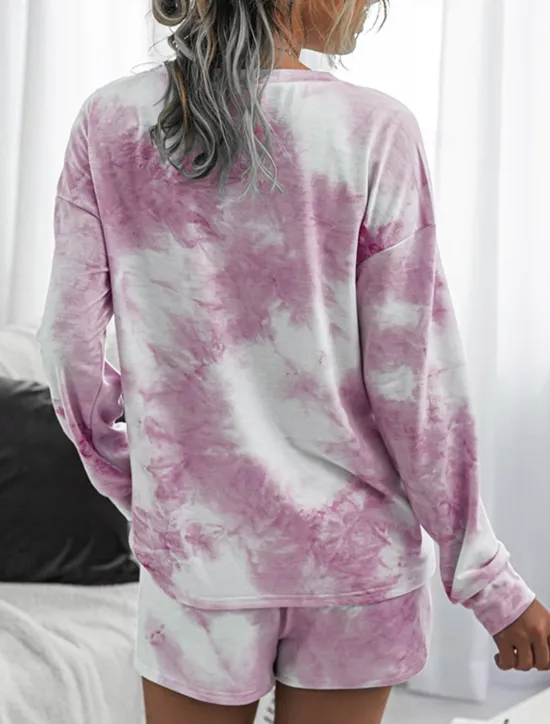 Online Women's Loungewear Pajama Set 2 Pieces Tie Dye Casual Comfort Home Crew Neck Pink Blue Home Outfits Women Pajama-Setter