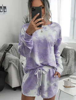 Online Women's Loungewear Pajama Set 2 Pieces Tie Dye Casual Comfort Home Crew Neck Pink Blue Home Outfits Women Pajama-Setter