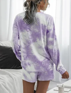 Online Women's Loungewear Pajama Set 2 Pieces Tie Dye Casual Comfort Home Crew Neck Pink Blue Home Outfits Women Pajama-Setter