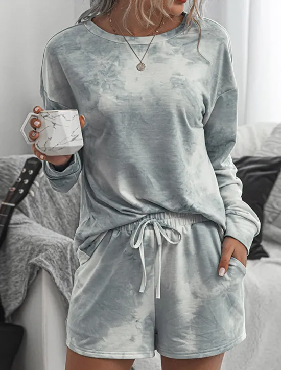 Online Women's Loungewear Pajama Set 2 Pieces Tie Dye Casual Comfort Home Crew Neck Pink Blue Home Outfits Women Pajama-Setter