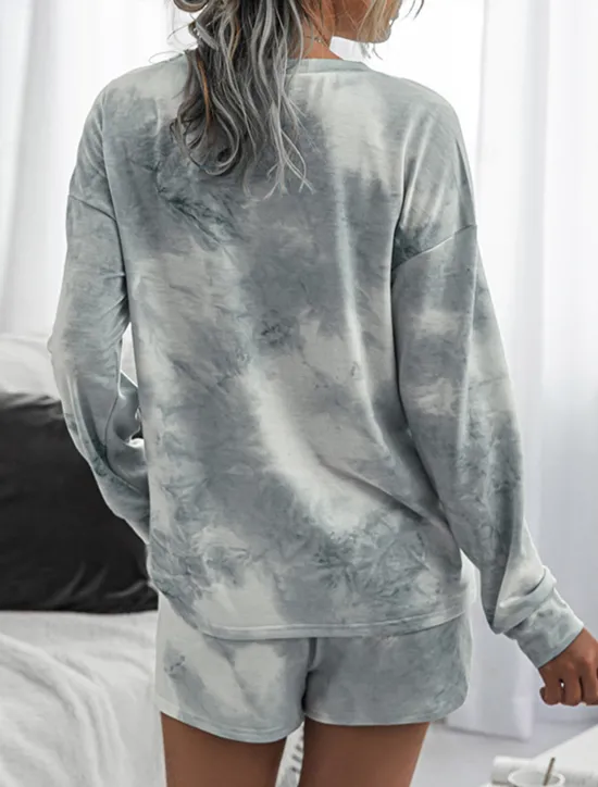 Online Women's Loungewear Pajama Set 2 Pieces Tie Dye Casual Comfort Home Crew Neck Pink Blue Home Outfits Women Pajama-Setter