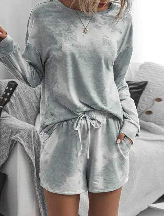 Online Women's Loungewear Pajama Set 2 Pieces Tie Dye Casual Comfort Home Crew Neck Pink Blue Home Outfits Women Pajama-Setter