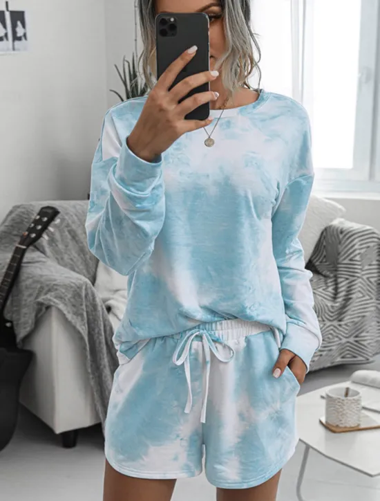 Online Women's Loungewear Pajama Set 2 Pieces Tie Dye Casual Comfort Home Crew Neck Pink Blue Home Outfits Women Pajama-Setter