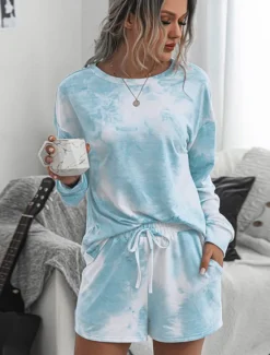 Online Women's Loungewear Pajama Set 2 Pieces Tie Dye Casual Comfort Home Crew Neck Pink Blue Home Outfits Women Pajama-Setter