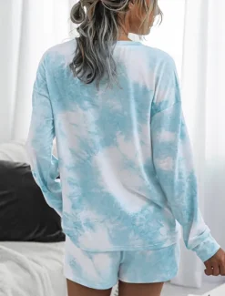 Online Women's Loungewear Pajama Set 2 Pieces Tie Dye Casual Comfort Home Crew Neck Pink Blue Home Outfits Women Pajama-Setter