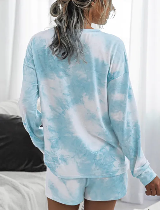 Online Women's Loungewear Pajama Set 2 Pieces Tie Dye Casual Comfort Home Crew Neck Pink Blue Home Outfits Women Pajama-Setter