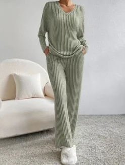 Sale Women's Loungewear Pajama Set Simple Home V Neck Long Sleeve Pullover Pant Spring Fall Black Blue Home Outfits Women Pajama-Setter
