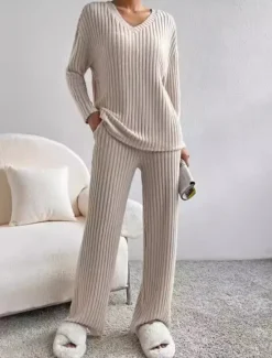 Sale Women's Loungewear Pajama Set Simple Home V Neck Long Sleeve Pullover Pant Spring Fall Black Blue Home Outfits Women Pajama-Setter