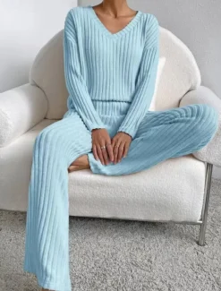 Sale Women's Loungewear Pajama Set Simple Home V Neck Long Sleeve Pullover Pant Spring Fall Black Blue Home Outfits Women Pajama-Setter