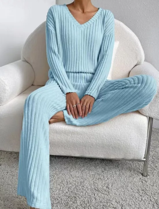 Sale Women's Loungewear Pajama Set Simple Home V Neck Long Sleeve Pullover Pant Spring Fall Black Blue Home Outfits Women Pajama-Setter
