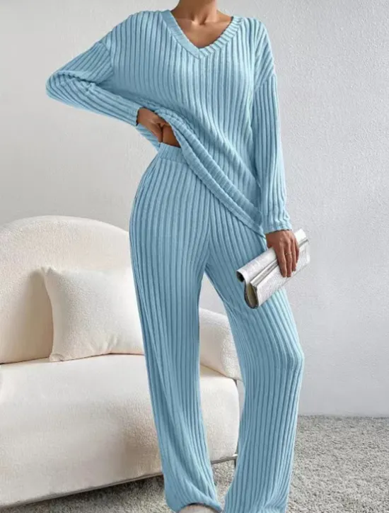 Sale Women's Loungewear Pajama Set Simple Home V Neck Long Sleeve Pullover Pant Spring Fall Black Blue Home Outfits Women Pajama-Setter