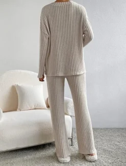 Sale Women's Loungewear Pajama Set Simple Home V Neck Long Sleeve Pullover Pant Spring Fall Black Blue Home Outfits Women Pajama-Setter