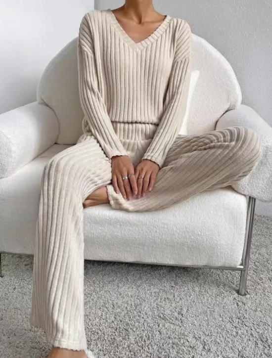 Sale Women's Loungewear Pajama Set Simple Home V Neck Long Sleeve Pullover Pant Spring Fall Black Blue Home Outfits Women Pajama-Setter