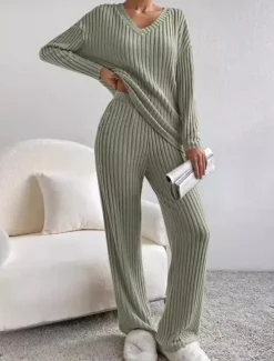 Sale Women's Loungewear Pajama Set Simple Home V Neck Long Sleeve Pullover Pant Spring Fall Black Blue Home Outfits Women Pajama-Setter