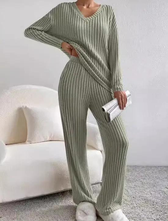 Sale Women's Loungewear Pajama Set Simple Home V Neck Long Sleeve Pullover Pant Spring Fall Black Blue Home Outfits Women Pajama-Setter