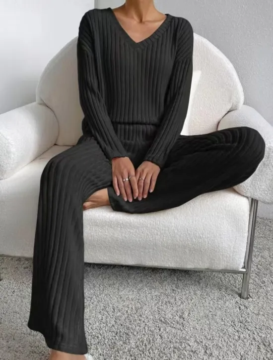 Sale Women's Loungewear Pajama Set Simple Home V Neck Long Sleeve Pullover Pant Spring Fall Black Blue Home Outfits Women Pajama-Setter