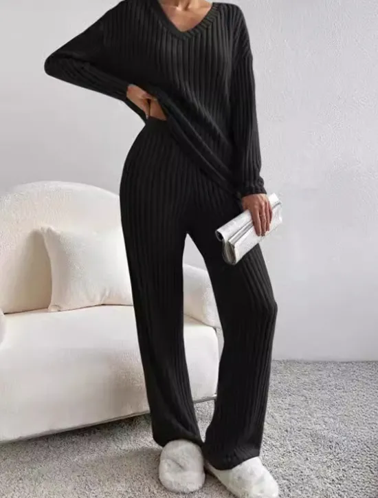 Sale Women's Loungewear Pajama Set Simple Home V Neck Long Sleeve Pullover Pant Spring Fall Black Blue Home Outfits Women Pajama-Setter