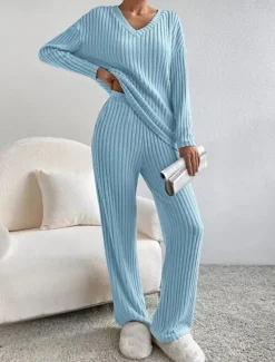 Sale Women's Loungewear Pajama Set Simple Home V Neck Long Sleeve Pullover Pant Spring Fall Black Blue Home Outfits Women Pajama-Setter