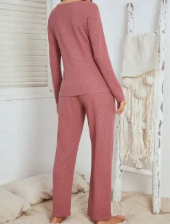 Hot Women's Loungewear Pajama Set Waffle Knit Casual Comfort Home Bed Comfort Breathable V Wire Short Sleeve Pullover Pant Spring Fall Black Red Home Outfits Women Two Piece Sets