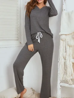 Hot Women's Loungewear Pajama Set Waffle Knit Casual Comfort Home Bed Comfort Breathable V Wire Short Sleeve Pullover Pant Spring Fall Black Red Home Outfits Women Two Piece Sets