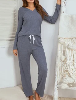 Hot Women's Loungewear Pajama Set Waffle Knit Casual Comfort Home Bed Comfort Breathable V Wire Short Sleeve Pullover Pant Spring Fall Black Red Home Outfits Women Two Piece Sets