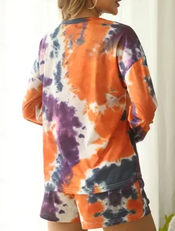 Hot Women's Loungewear Pajama Set 2 Pieces Tie Dye Casual Comfort Home Comfort Crew Neck Long Sleeve Pullover Shorts Spring Fall Home Outfits Women Pajama-Setter