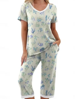 Hot Women's Loungewear Pajama Set Casual Comfort Graphic Elastic Waist T Shirt Pant Home Daily Long Sleeve Crew Neck Purple Green Gray Fall Winter Women Lingerie
