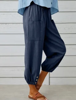 New Women's Loungewear Pants Lounge Pants Simple Casual Comfort Pure Color Pocket Elastic Waist Cotton Linen Pants Vacation Home Daily Black White Army Green Navy Blue Blue Summer Spring Fall Women Pants