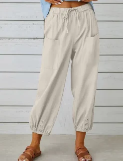 New Women's Loungewear Pants Lounge Pants Simple Casual Comfort Pure Color Pocket Elastic Waist Cotton Linen Pants Vacation Home Daily Black White Army Green Navy Blue Blue Summer Spring Fall Women Pants
