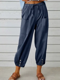 New Women's Loungewear Pants Lounge Pants Simple Casual Comfort Pure Color Pocket Elastic Waist Cotton Linen Pants Vacation Home Daily Black White Army Green Navy Blue Blue Summer Spring Fall Women Pants