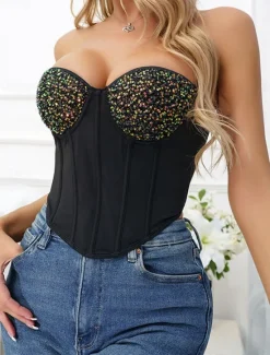Outlet Women's Loungewear Pure Color Corsets Carnival Party Valentine's Day Breathable Bandeau Sleeveless Sequins Backless Chest pads Summer Spring Home Outfits Women Shapewear