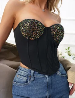 Outlet Women's Loungewear Pure Color Corsets Carnival Party Valentine's Day Breathable Bandeau Sleeveless Sequins Backless Chest pads Summer Spring Home Outfits Women Shapewear
