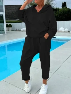 Women's Loungewear Set Hoodie Joggers Cream Solid Color Casual Comfortable Home Wear V-neck Long Sleeve Elastic Waist Full Size All-season Fashion Apparel Fall Winter Women Two Piece Sets