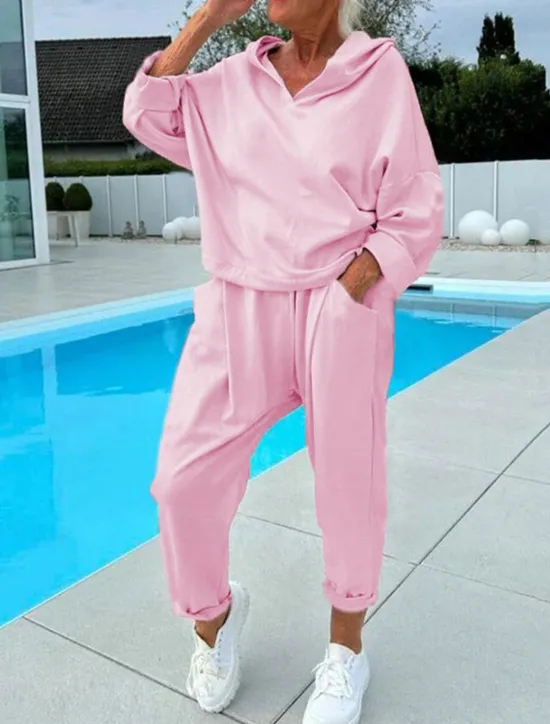 Women's Loungewear Set Hoodie Joggers Cream Solid Color Casual Comfortable Home Wear V-neck Long Sleeve Elastic Waist Full Size All-season Fashion Apparel Fall Winter Women Two Piece Sets