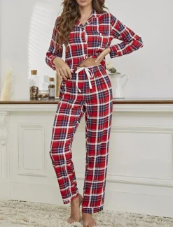 Women's Loungewear Set Plaid Pattern White Casual Home Comfort Long Sleeve Drawstring Pants Soft Breathable Fabric All-Season Cozy Relaxing Fit Sleepwear Pajamas Home Outfits Women Pajama-Setter