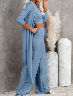 New Women's Loungewear Sets 3 Pieces Pure Color Fashion Comfort Street Daily Knit Breathable Crew Neck Long Sleeve Sweater Pant Elastic Waist Fall Winter Home Outfits Women Pajama-Setter