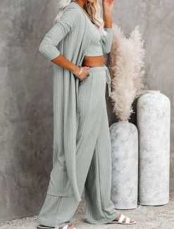 New Women's Loungewear Sets 3 Pieces Pure Color Fashion Comfort Street Daily Knit Breathable Crew Neck Long Sleeve Sweater Pant Elastic Waist Fall Winter Home Outfits Women Pajama-Setter