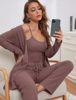 Discount Women's Loungewear Sets 3 Pieces Pure Color Casual Comfort Home Comfort Straps Strap Top Pant Pocket Fall Winter Home Outfits Women Pajama-Setter