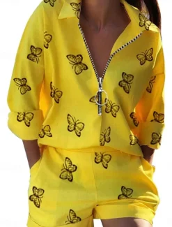 New Women's Loungewear Sets Butterfly Letter Fashion Casual Street Date Airport Breathable Lapel Short Sleeve Shorts Summer Spring Women Two Piece Sets