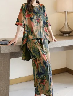 Hot Women's Loungewear Sets Flower Fashion Casual Comfort Street Daily Date Breathable Crew Neck Short Sleeve T shirt Tee Pant Pocket Summer Spring Home Outfits Women Pajama-Setter