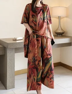 Hot Women's Loungewear Sets Flower Fashion Casual Comfort Street Daily Date Breathable Crew Neck Short Sleeve T shirt Tee Pant Pocket Summer Spring Home Outfits Women Pajama-Setter